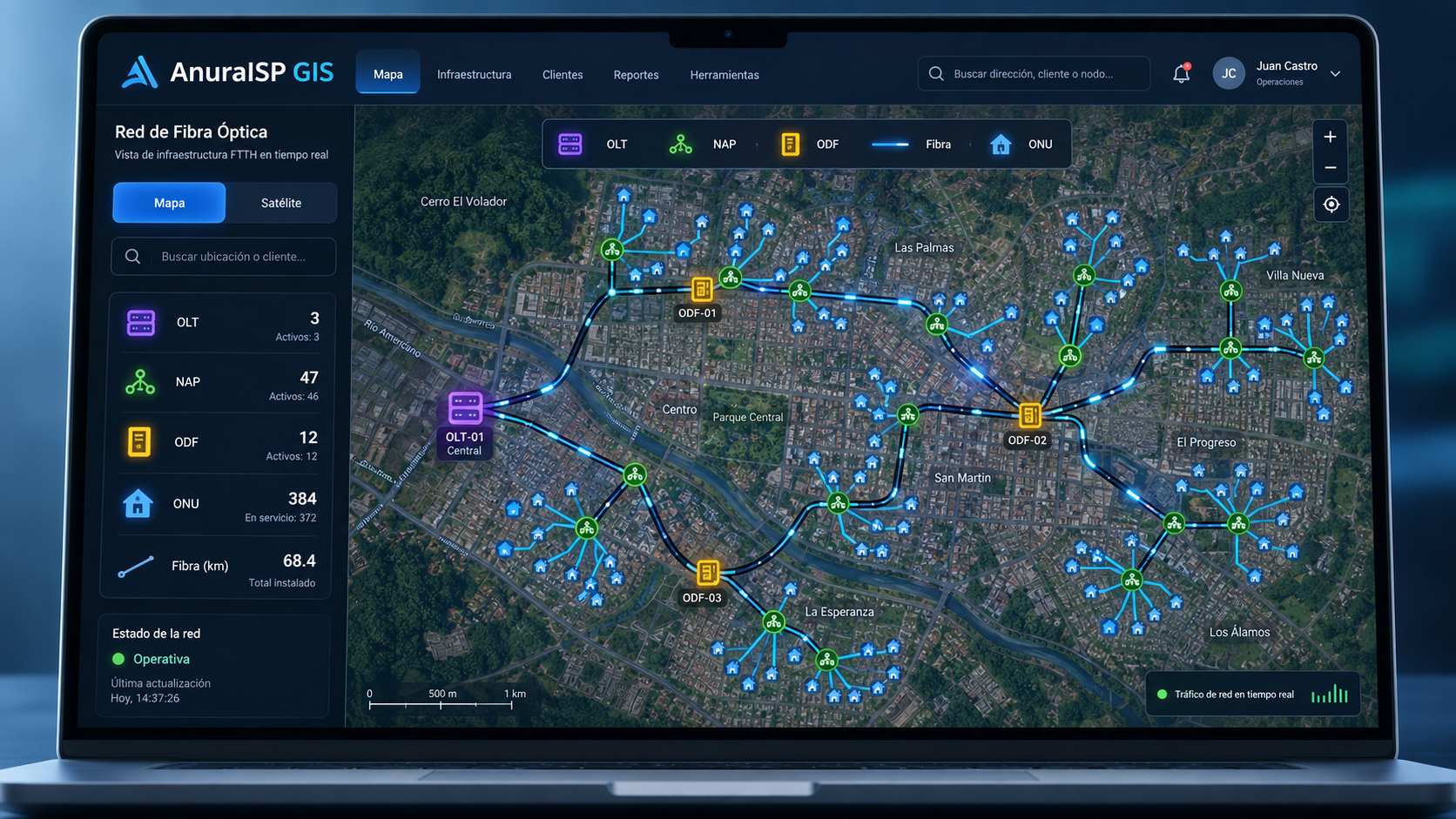 Vista conceptual del GIS de fibra óptica de AnuraISP con OLT, NAP, ODF, fibra y ONU